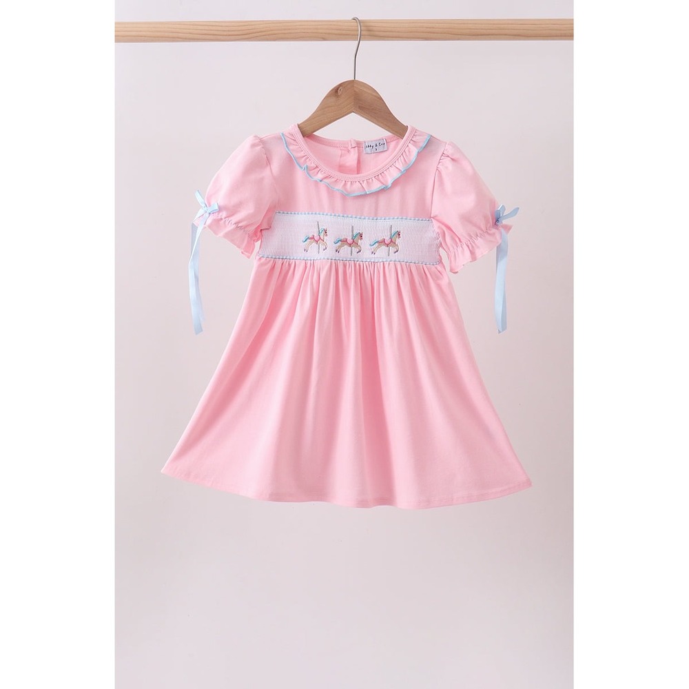 Abby & Evie Girls 2T Pink Smocked Carousel Horse Dress Ruffle Collar Fair NEW